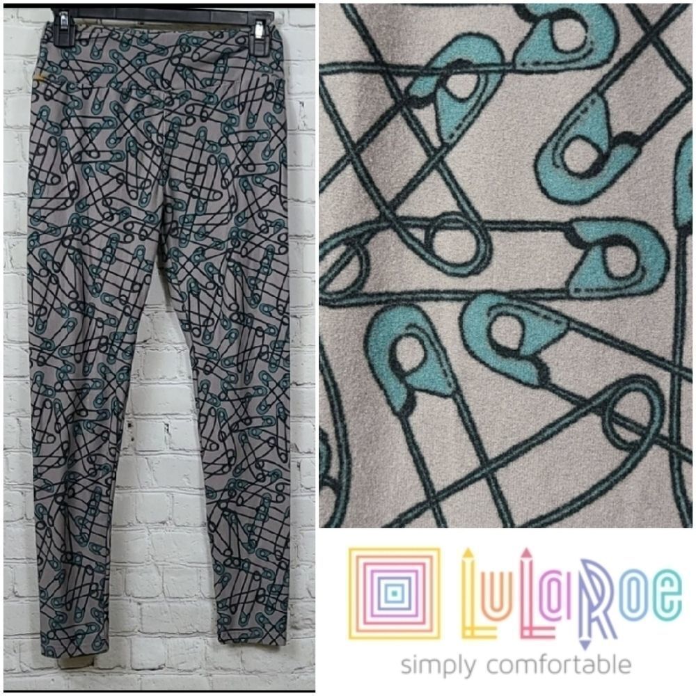 LuLaRoe One Size (2-10) Legging Safety Pins Gray Butter Soft Stretch Pants Ankle